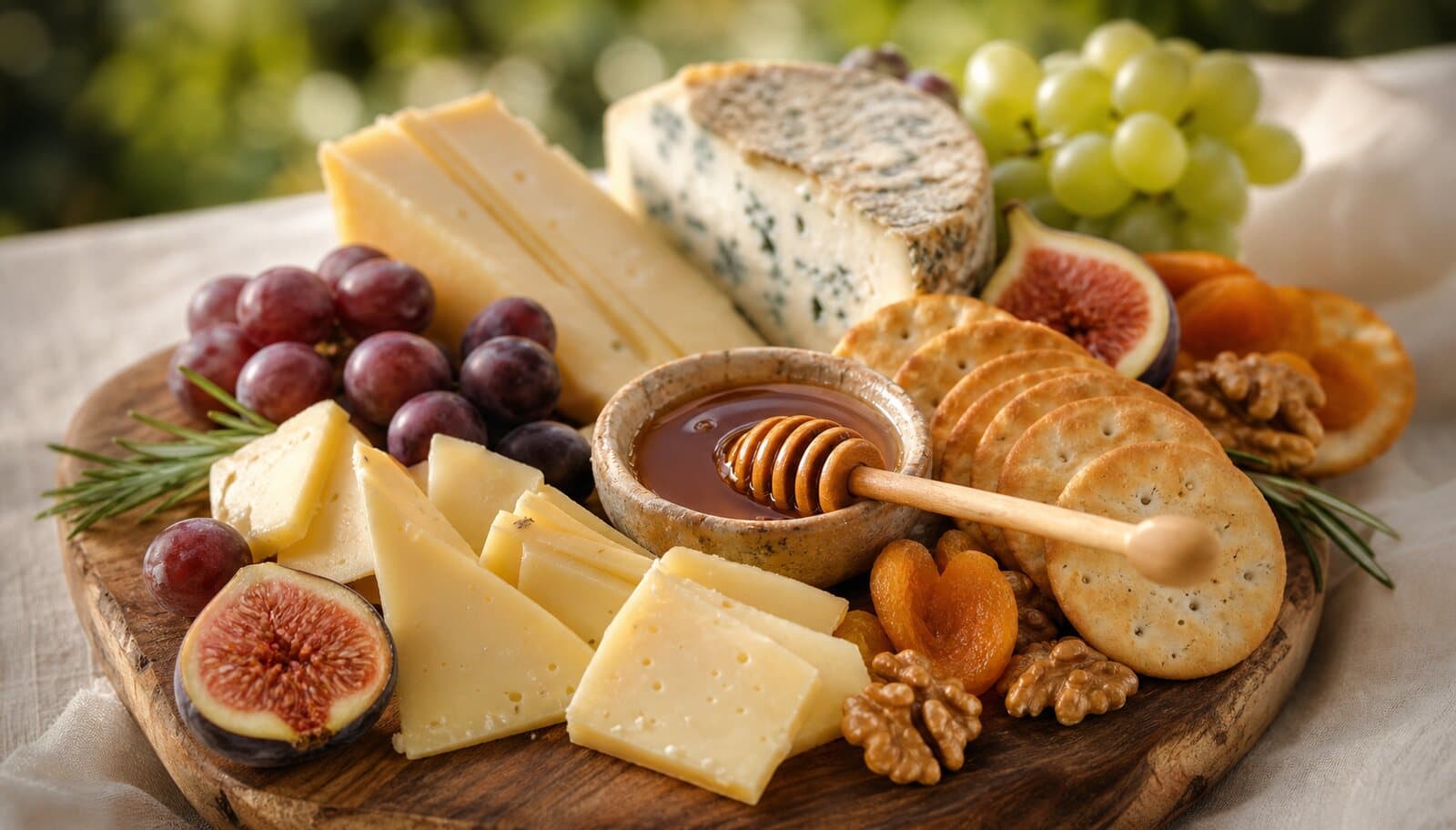 Fromages, miel, crackers et fruits pour les options de plateau