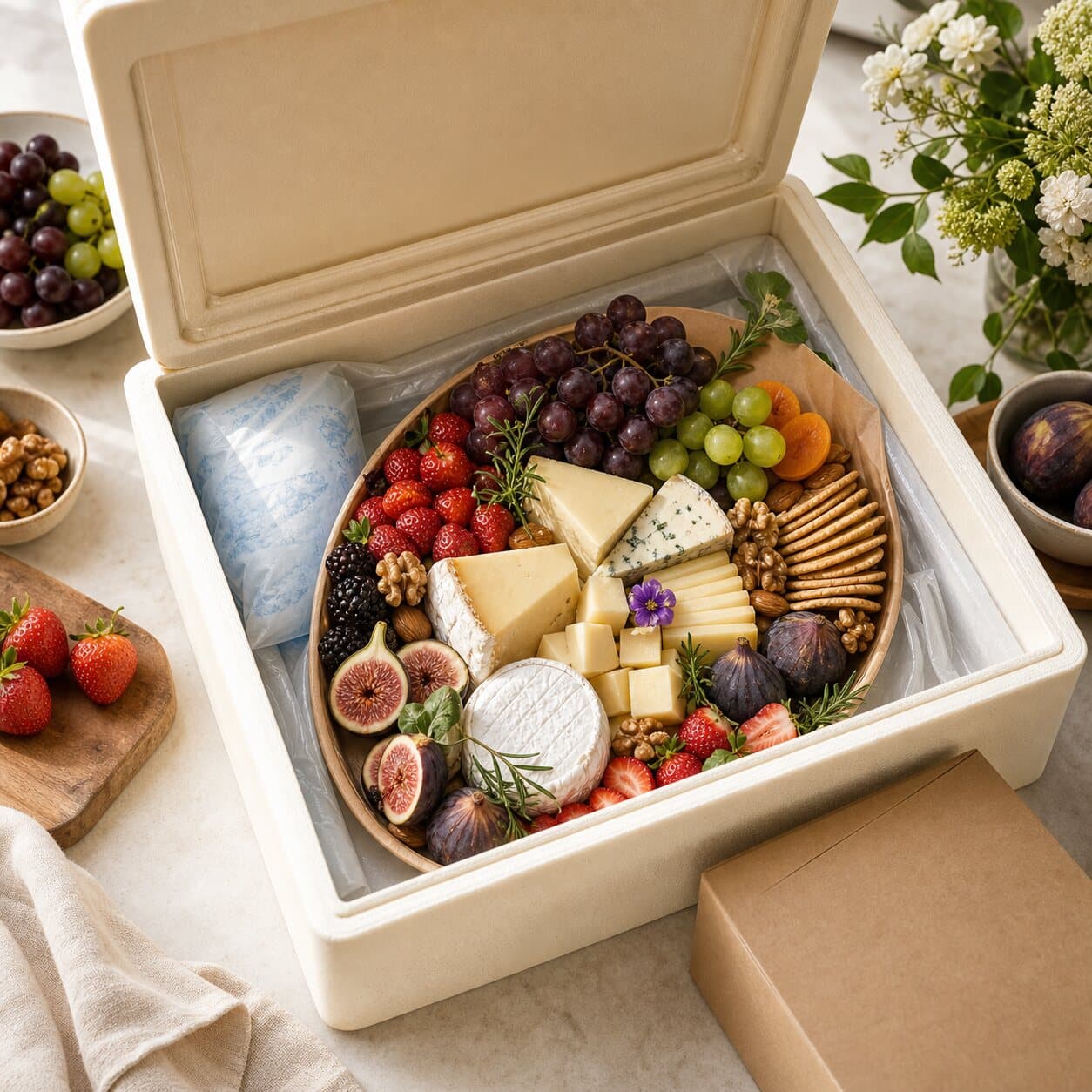 Plateau de fromages et fruits frais prêt à être livré dans une box isotherme