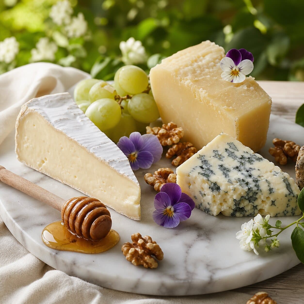 Plateau de fromages avec raisins, noix, miel et fleurs comestibles