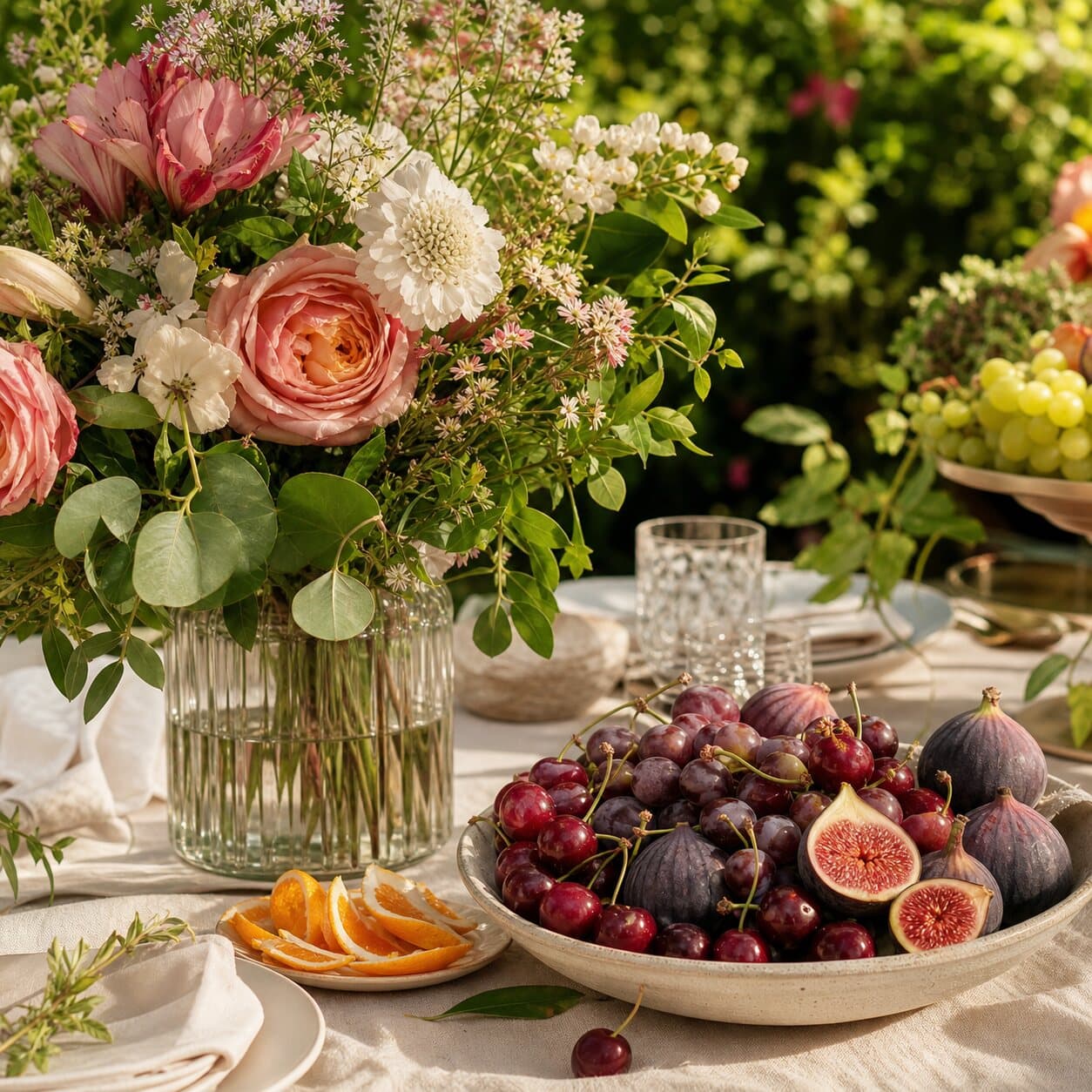 Bouquet de fleurs fraîches à côté d'un bol de fruits frais sur une table dressée