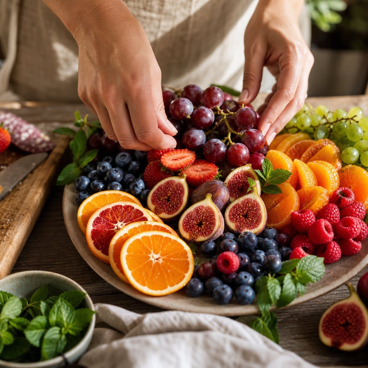 Préparation d'un plateau de fruits frais colorés : agrumes, figues, raisins et fruits rouges