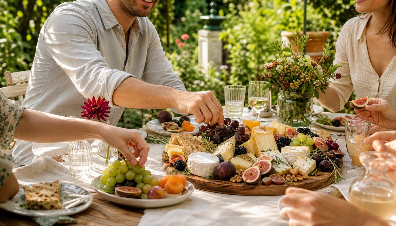 Amis attablés dans un jardin autour d'un plateau de fromages, fruits frais et fleurs