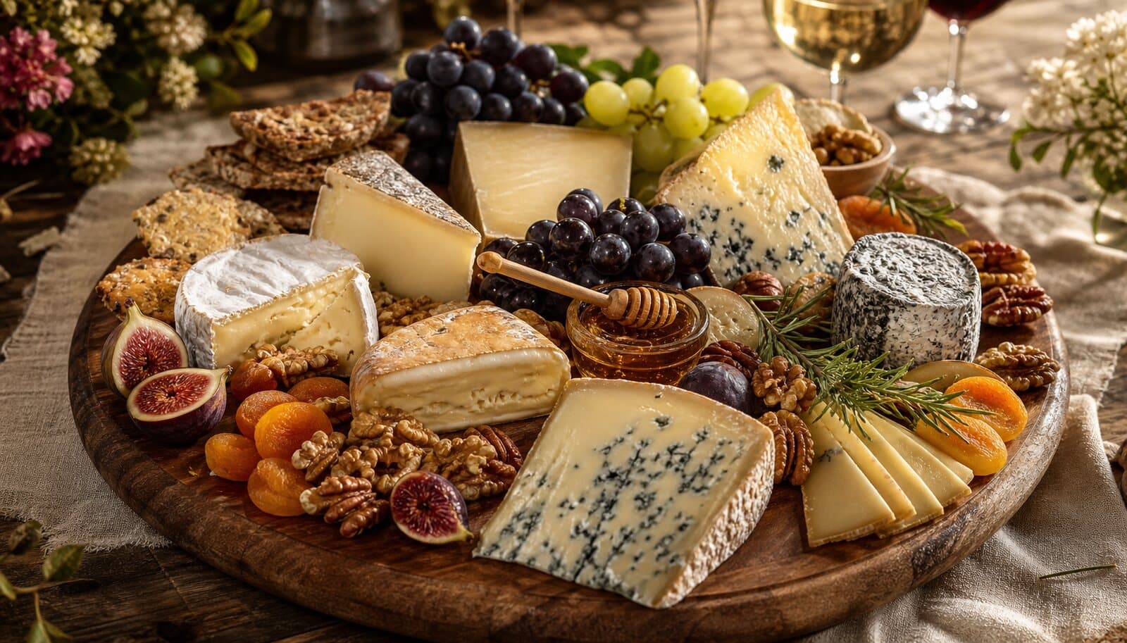 Grand plateau de fromages premium avec figues, raisins, fruits secs, crackers et miel.