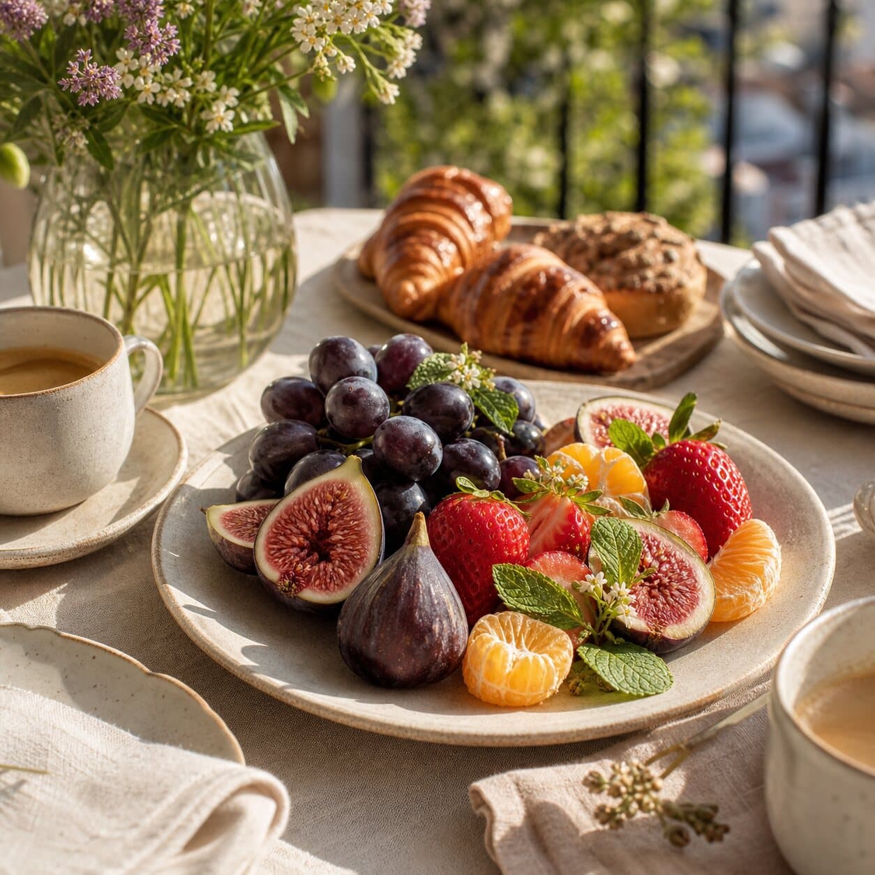 Petit plateau de fruits frais préparés pour deux à quatre personnes sur une table de brunch.