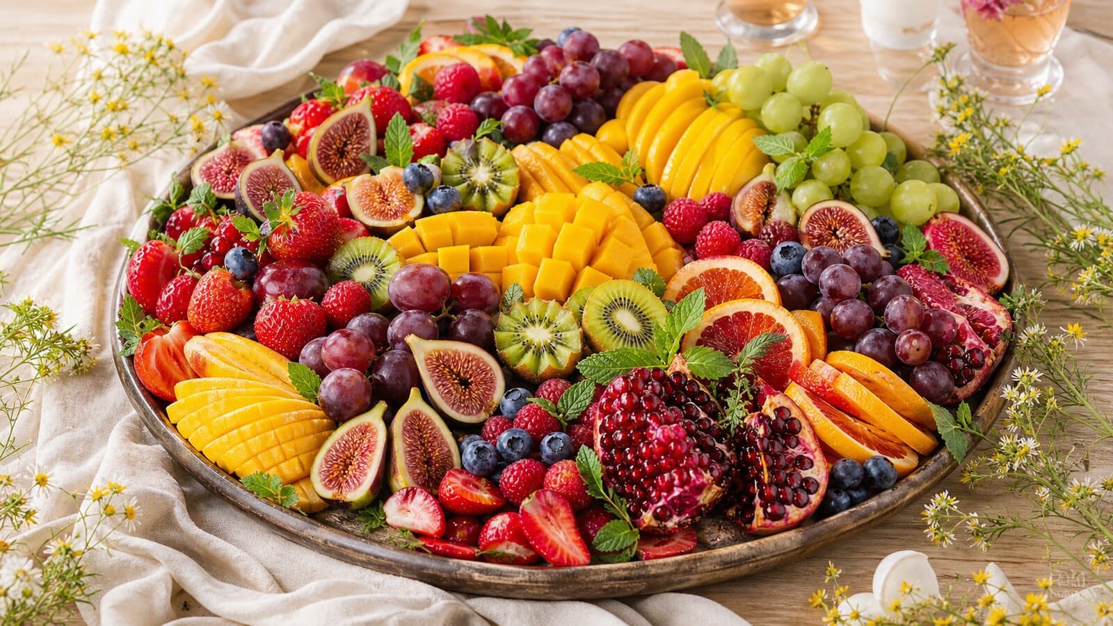 Grand plateau premium de fruits frais préparés avec mangue, kiwi, figues, raisins et fruits rouges.