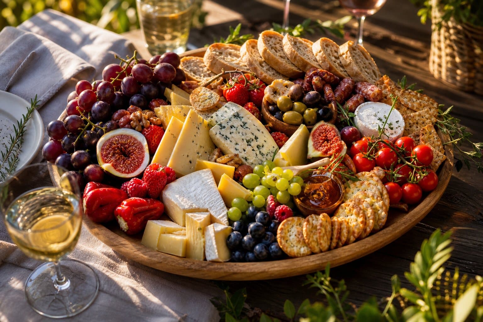 Plateau mixte apéro avec fruits, fromages, crackers, tomates, olives et accompagnements.